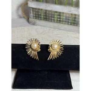 Vintage EMJ Starburst Gold Tone With Faux Pearl Clip Earrings 1950's era